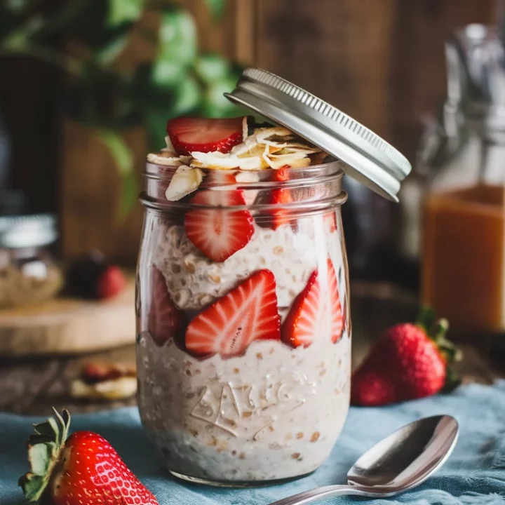 🥥🍓 Strawberry Coconut Overnight Oats – The Perfect Grab-and-Go Breakfast 🥣✨ Start your day with creamy coconut oats and sweet strawberries—quick, delicious, and meal-prep friendly! 💛🌟