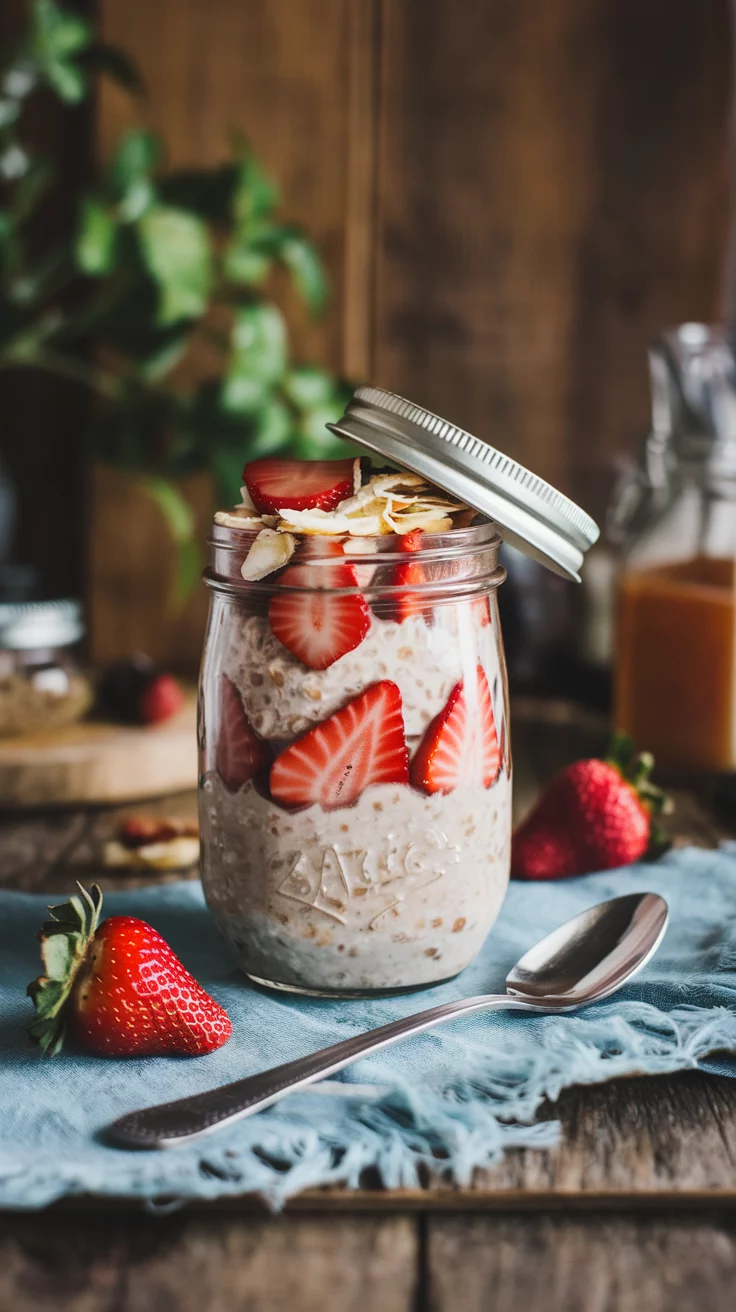 🥥🍓 Strawberry Coconut Overnight Oats – The Perfect Grab-and-Go Breakfast 🥣✨ Start your day with creamy coconut oats and sweet strawberries—quick, delicious, and meal-prep friendly! 💛🌟