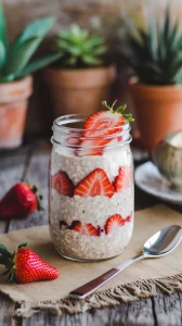 ✨🍓 Quick Strawberry Vanilla Overnight Oats – Perfect for Meal Prep 🥣🌟 Make mornings stress-free with these creamy, vanilla-infused oats topped with juicy strawberries! 💛🕒