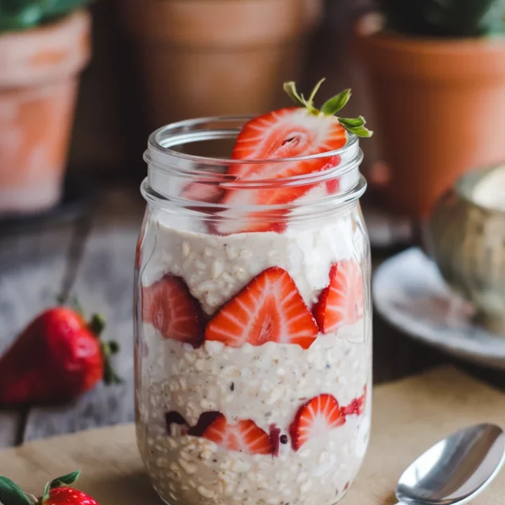 ✨🍓 Quick Strawberry Vanilla Overnight Oats – Perfect for Meal Prep 🥣🌟 Make mornings stress-free with these creamy, vanilla-infused oats topped with juicy strawberries! 💛🕒