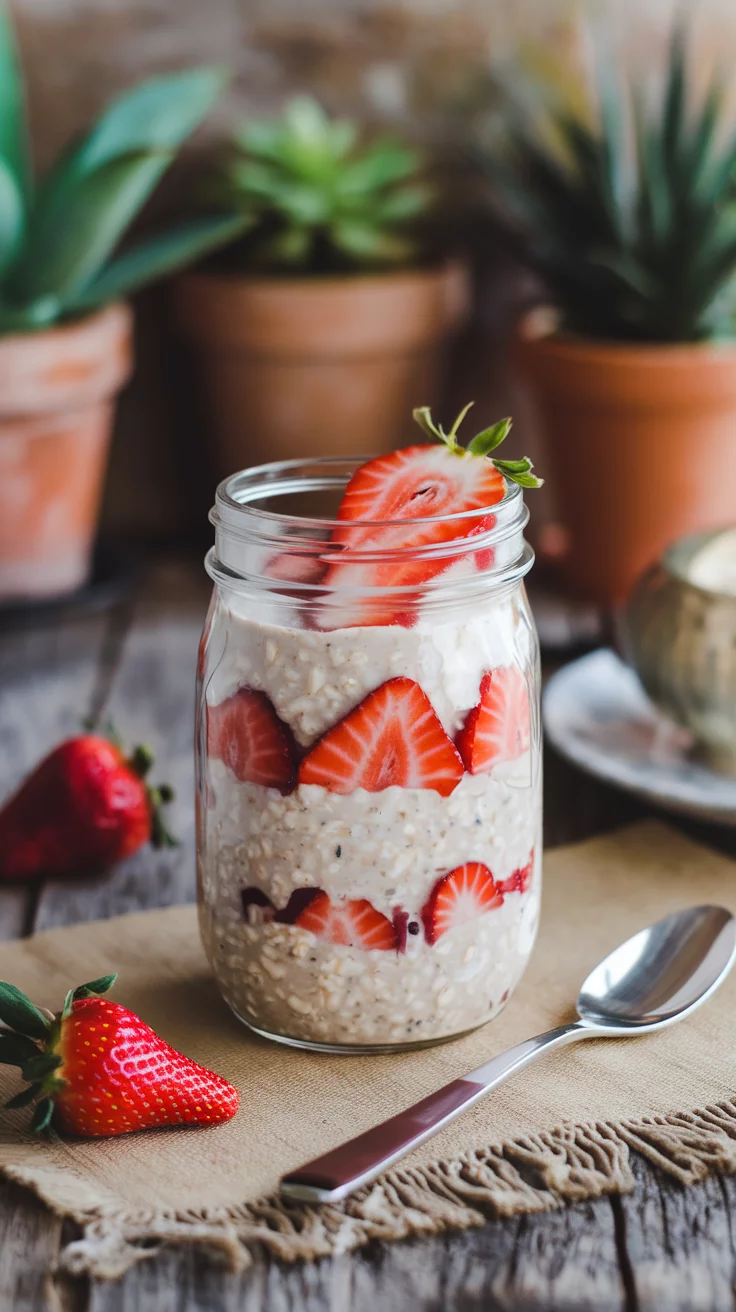 ✨🍓 Quick Strawberry Vanilla Overnight Oats – Perfect for Meal Prep 🥣🌟 Make mornings stress-free with these creamy, vanilla-infused oats topped with juicy strawberries! 💛🕒