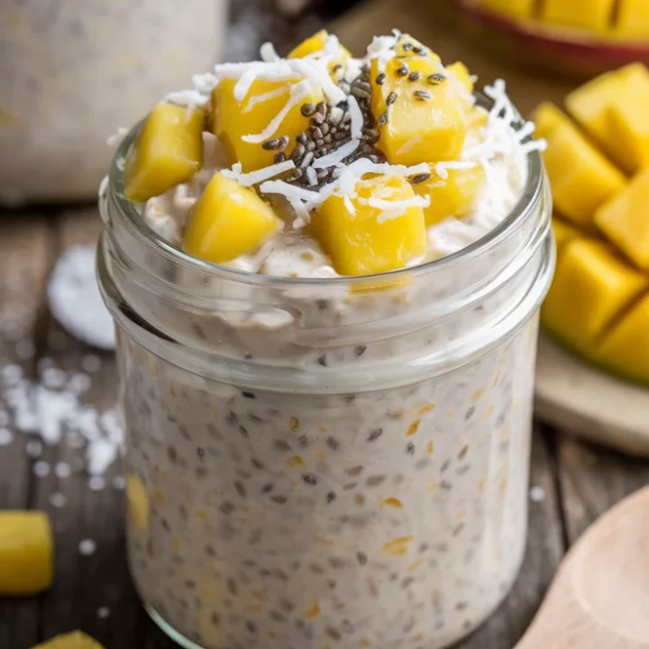 🥭✨ Make-Ahead Tropical Twist Overnight Oats for Busy Days 🥥🥄 These creamy oats with sweet mango and coconut are your perfect breakfast solution! 🌟💛