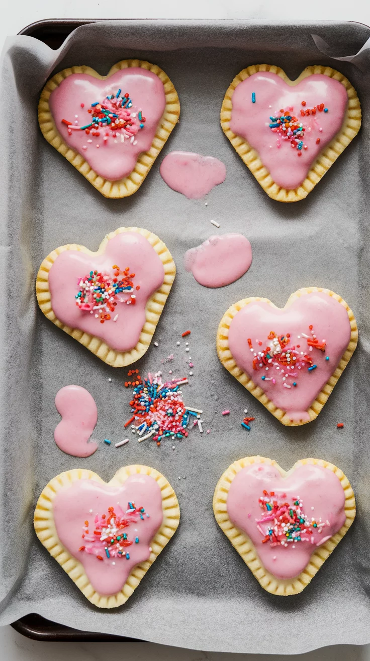 Heart-shaped pop tarts with pink icing and colorful sprinkles on a baking tray.