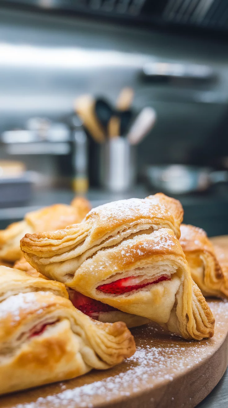 Close-up of golden-brown strawberry turnovers dusted with powdered sugar.