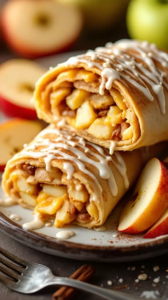 Two apple cinnamon breakfast burritos drizzled with icing on a plate with apple slices and a cinnamon stick.