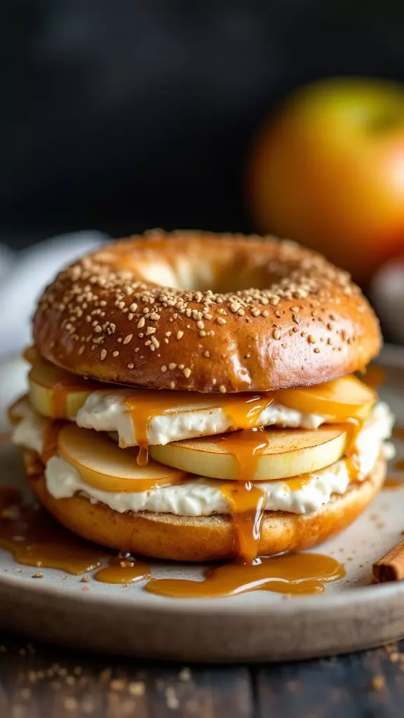 The apple cinnamon breakfast sandwich is a tasty way to kick off your day. With layers of creamy filling and fresh apple slices, it's both satisfying and sweet. Drizzled with caramel, it’s a delightful treat you won't want to miss!