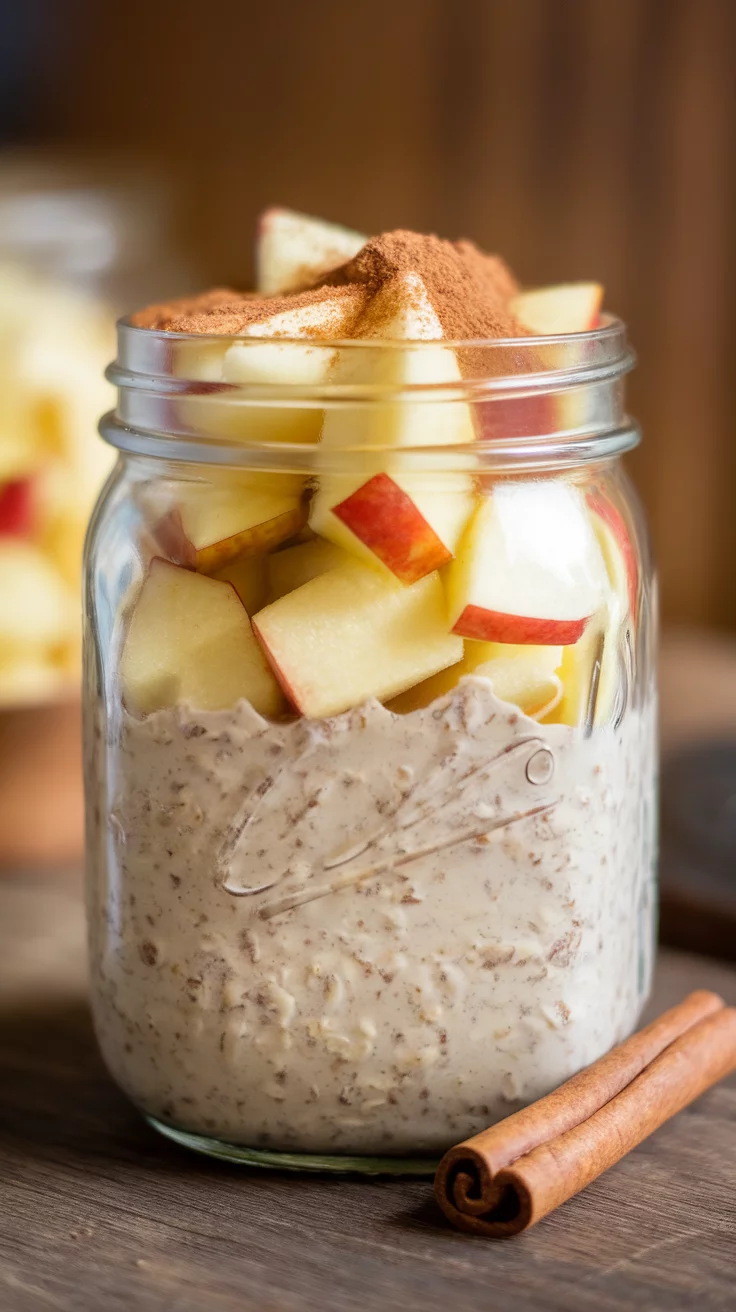 A jar of apple cinnamon overnight oats topped with apple slices and cinnamon