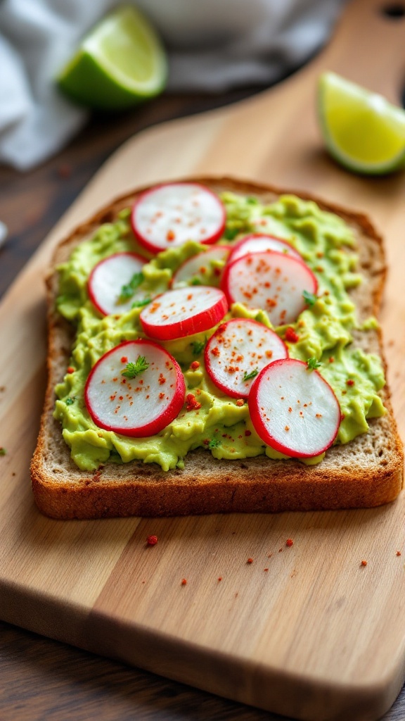 A slice of avocado toast topped with sliced radishes and sprinkled with spices.