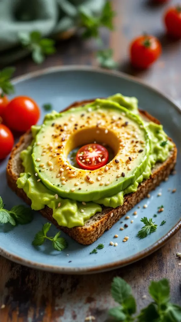 A slice of whole grain bread topped with mashed avocado, a slice of tomato, and sprinkled with sesame seeds.