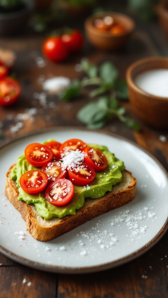 Avocado toast topped with cherry tomatoes is a quick and tasty meal. The creamy avocado pairs perfectly with the fresh, juicy tomatoes. It's a simple dish that brings a burst of flavor to your breakfast or snack time!