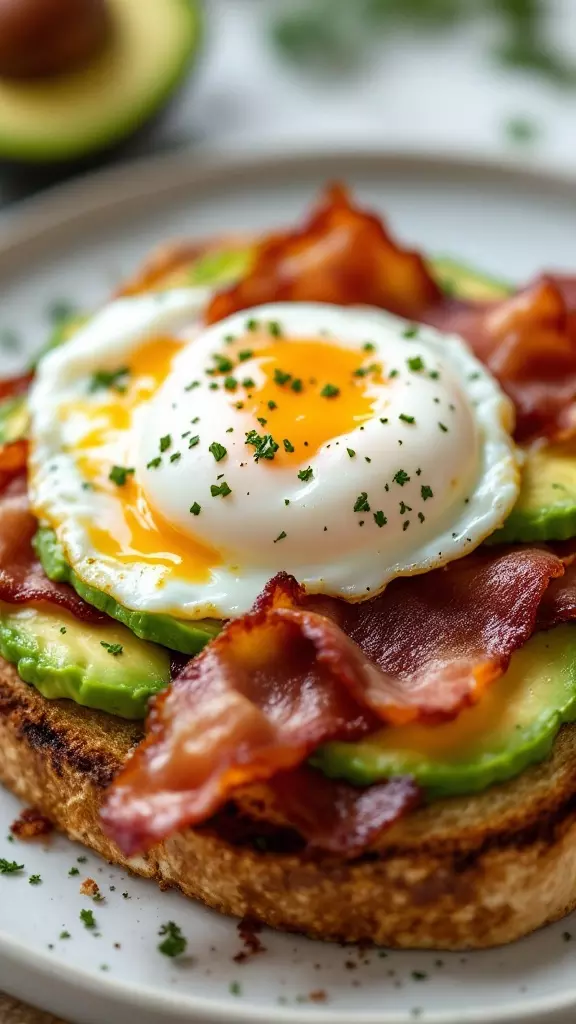 This bacon, egg, and avocado toast is a breakfast delight that will make your mornings brighter. The crispy bacon pairs perfectly with the creamy avocado and runny egg. It's quick, tasty, and a great way to start your day!