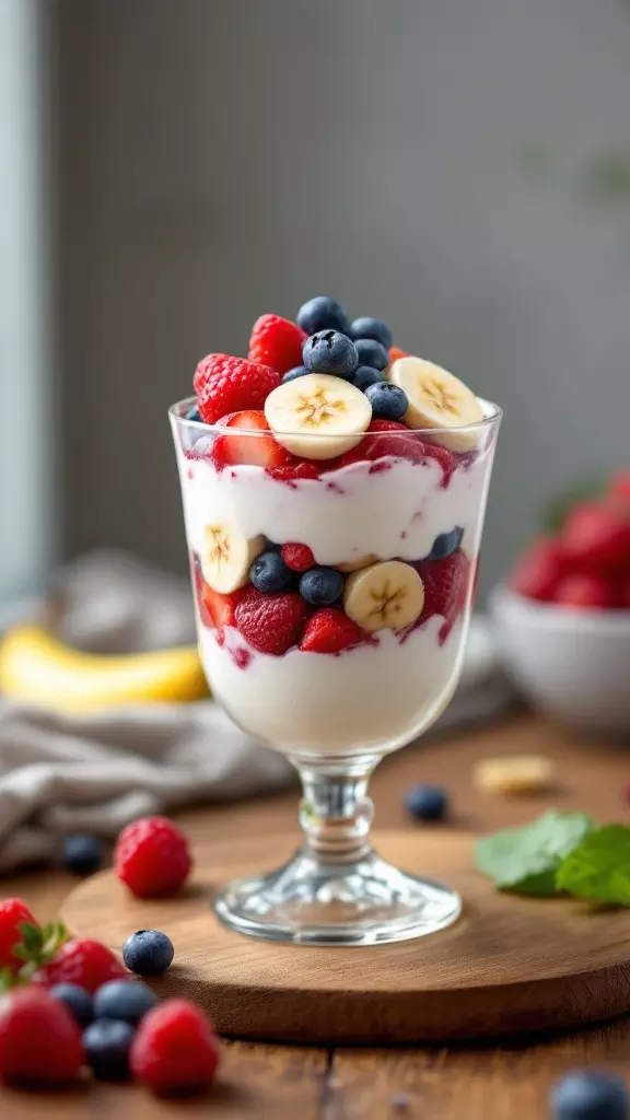 A refreshing banana berry parfait in a glass with layers of yogurt, sliced bananas, and mixed berries.