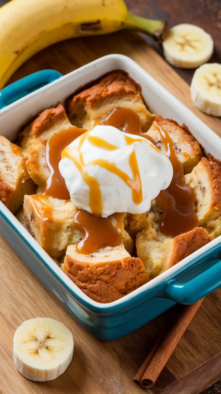 A delicious banana bread pudding topped with whipped cream and caramel sauce, served in a blue baking dish, with banana slices and a whole banana in the background.