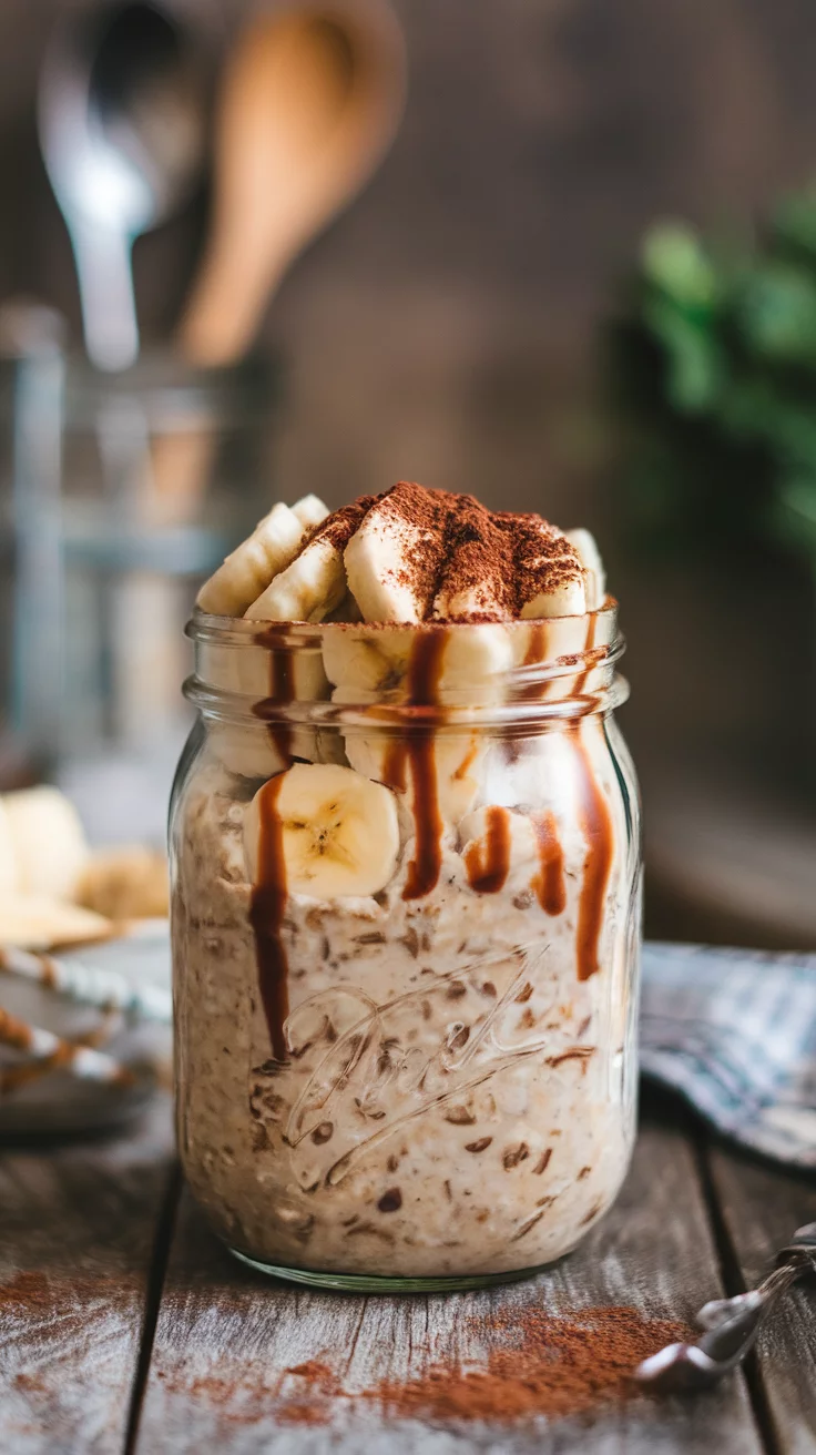 A jar of banana cappuccino overnight oats topped with banana slices and cocoa powder.