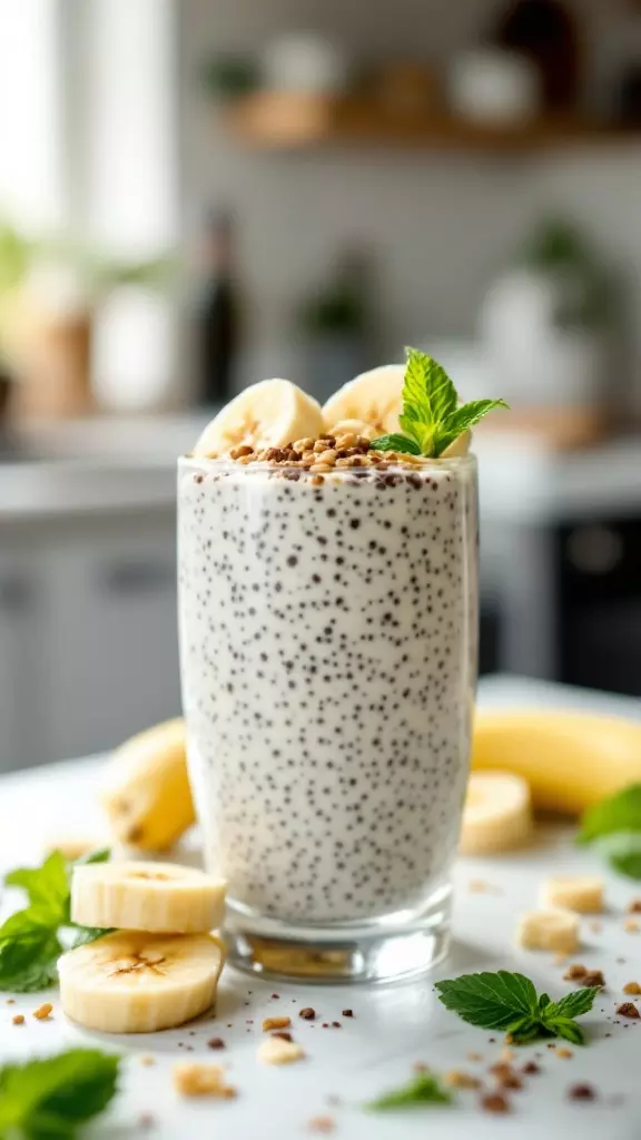 A glass of banana chia seed pudding topped with banana slices and mint leaves.