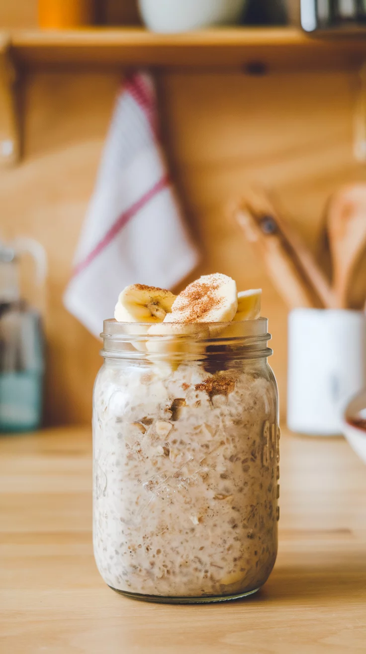 A jar of banana cinnamon overnight oats topped with banana slices and cinnamon.