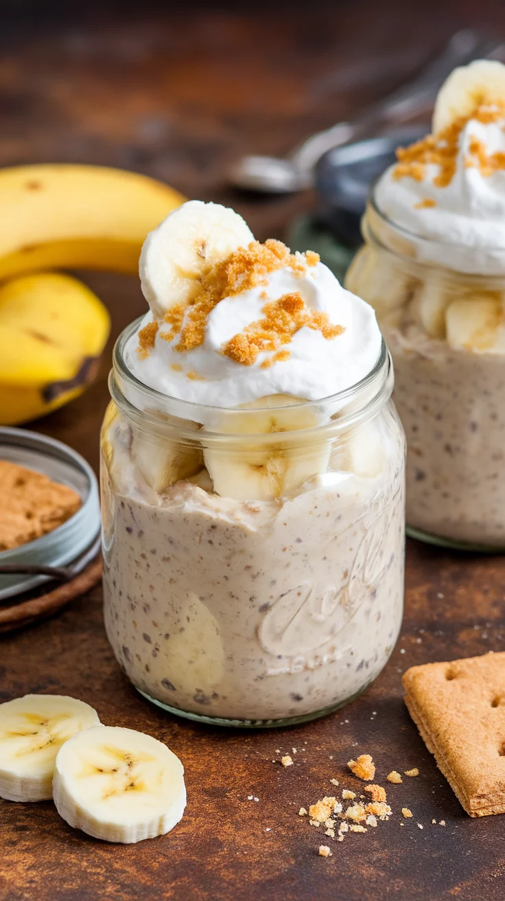 A jar of banana cream pie overnight oats topped with whipped cream, banana slices, and crumbs.