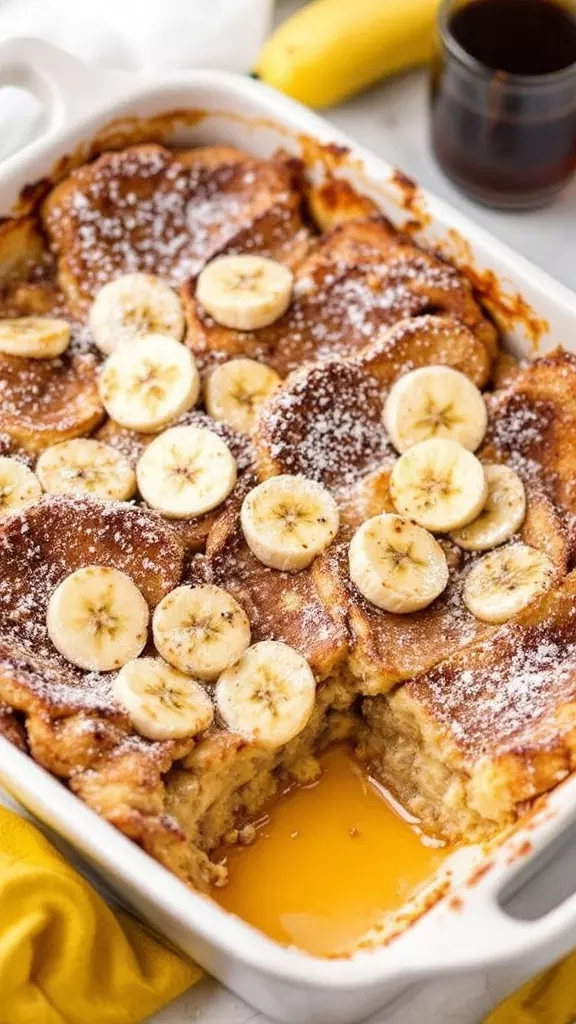 A delicious Banana French Toast Casserole topped with banana slices and powdered sugar.