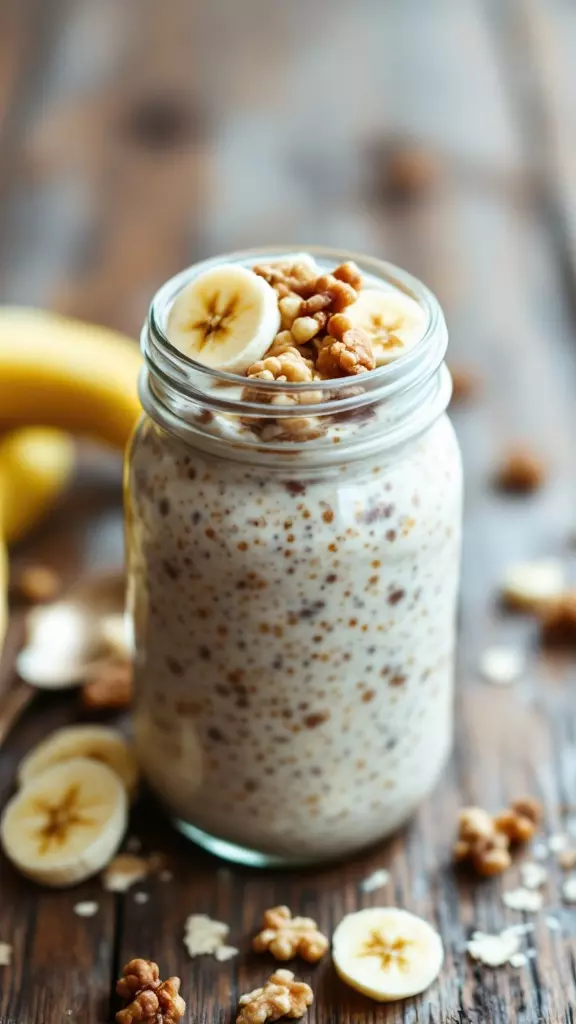 A jar of banana nut overnight oats topped with sliced bananas and walnuts.