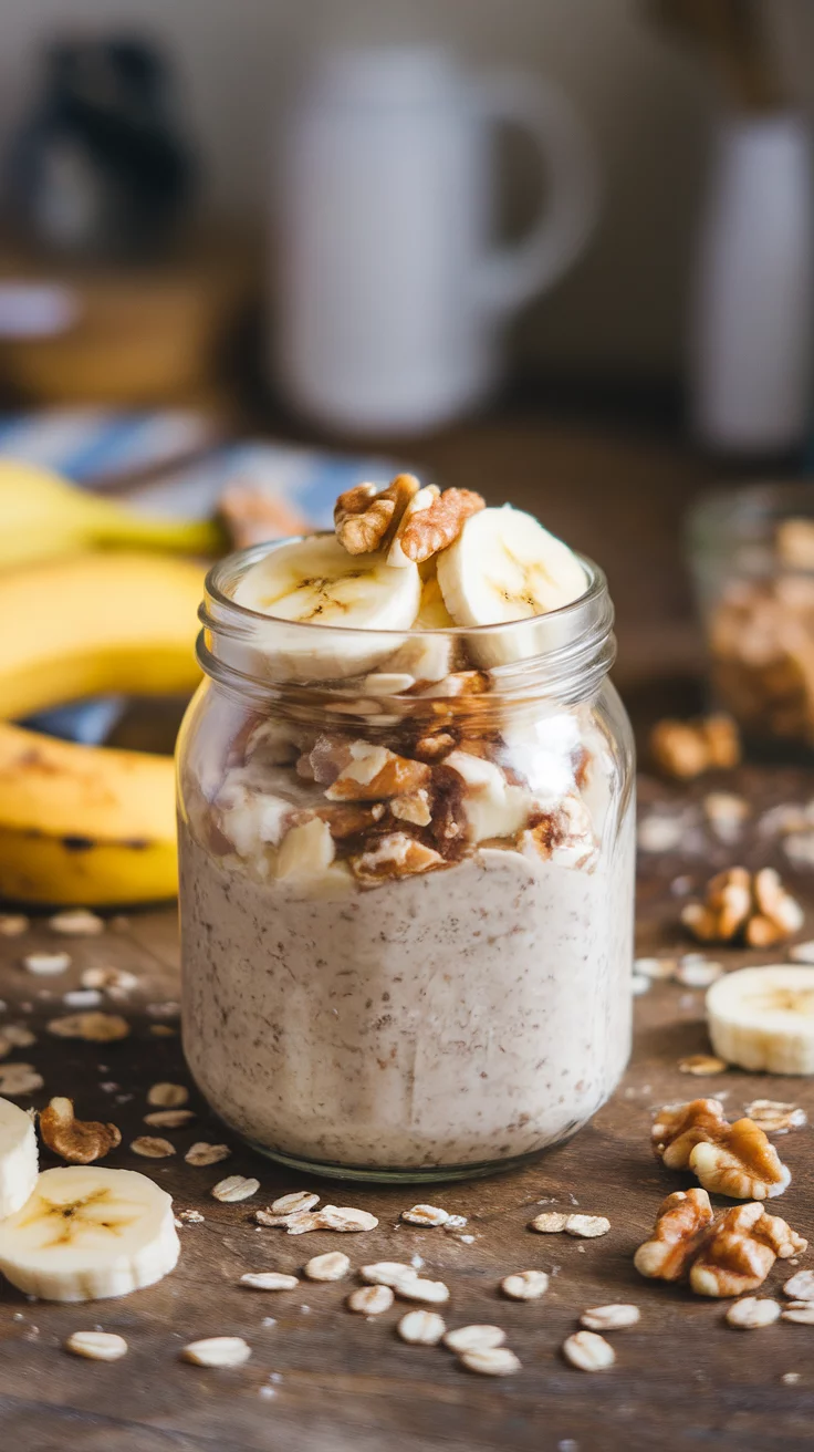 A jar of banana nut overnight oats topped with banana slices and walnuts.