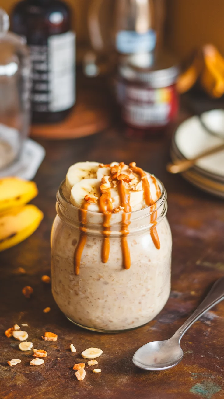 A jar of banana peanut butter overnight oats topped with banana slices and caramel drizzle.