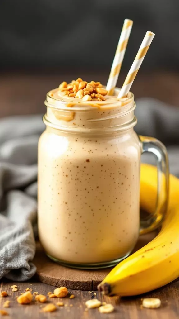 A creamy banana peanut butter smoothie in a jar with two straws, surrounded by a banana and chopped peanuts.