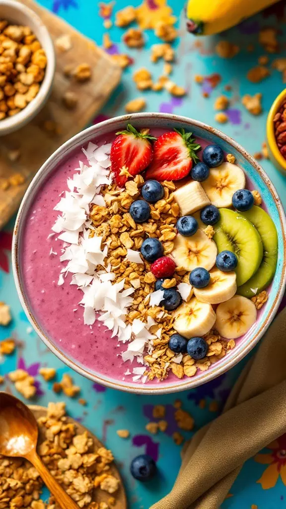 A vibrant banana smoothie bowl topped with strawberries, blueberries, banana slices, granola, and coconut.