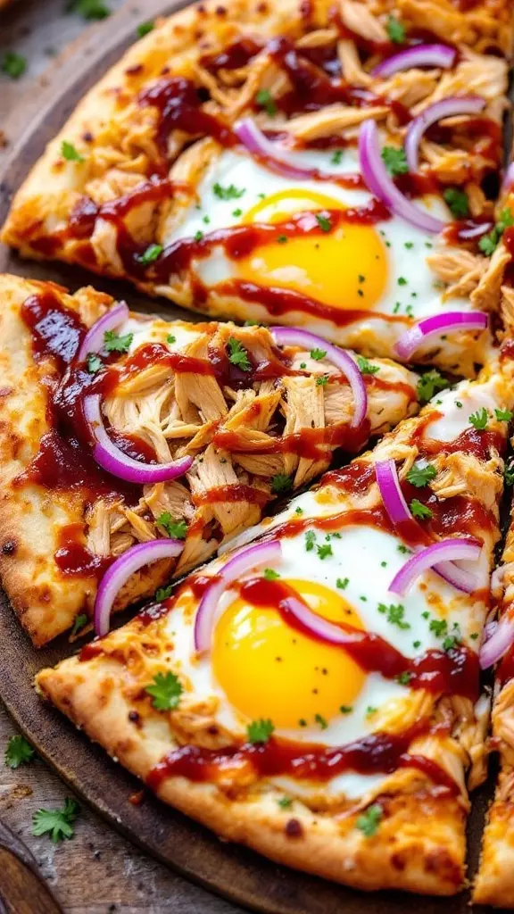 This BBQ chicken breakfast pizza is a fun twist on your morning routine! The crispy crust is topped with tender chicken, sunny-side-up eggs, and a drizzle of tangy barbecue sauce. It's a delicious way to start the day with a satisfying meal that everyone will love.