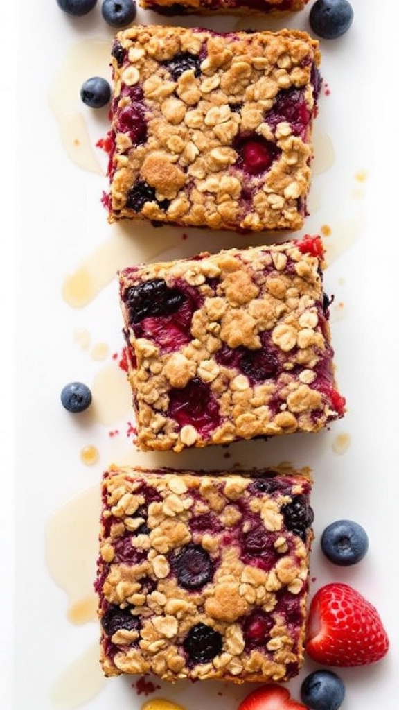 Delicious berry baked oatmeal bars with strawberries and blueberries.