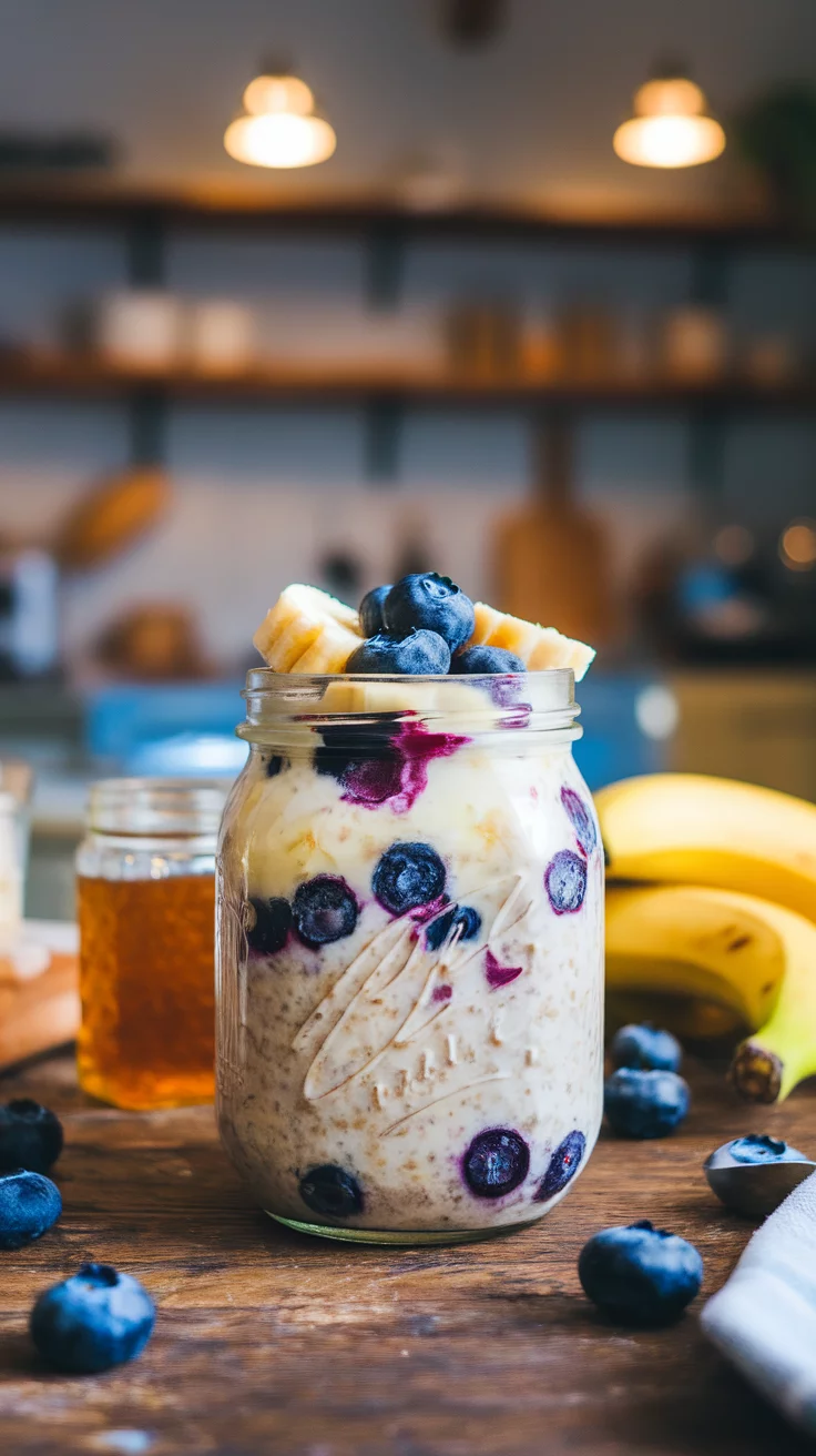 A jar of blueberry banana overnight oats topped with banana slices and blueberries.