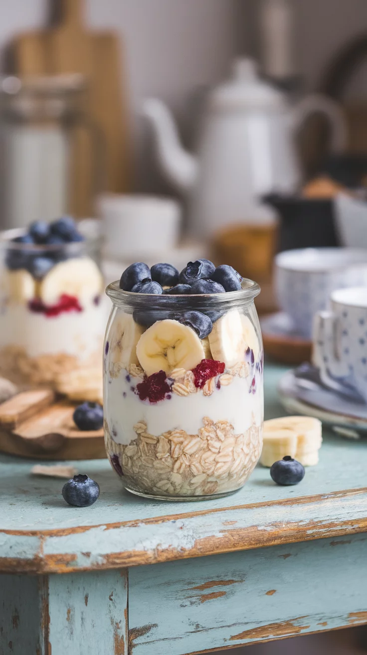 Blueberry Banana Overnight Oats are a tasty way to kickstart your day. They are easy to make and require just a few ingredients, like oats, yogurt, bananas, and blueberries. You can find the full recipe here for a delicious breakfast treat!