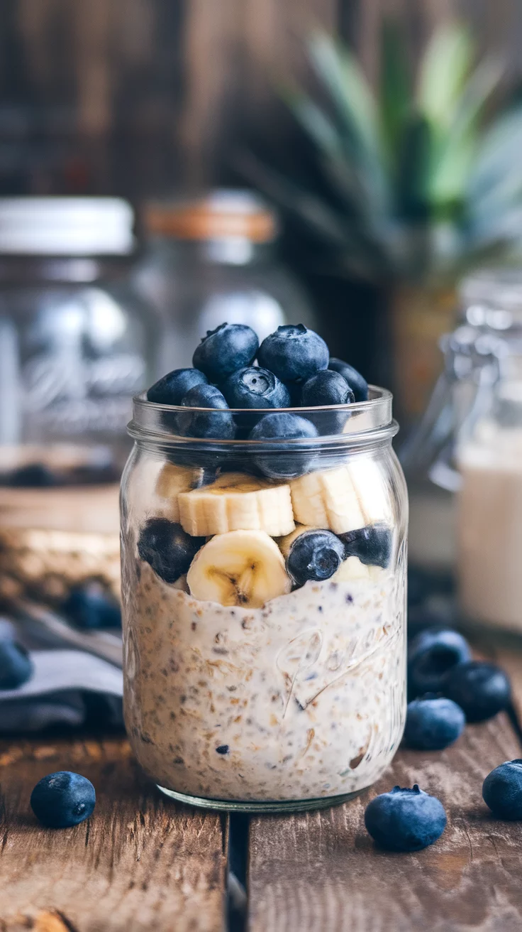 Blueberry banana overnight oats are a tasty way to start your day. Just mix oats, almond milk, and a hint of honey, then layer in fresh blueberries and banana slices. For the full recipe, check out this link!