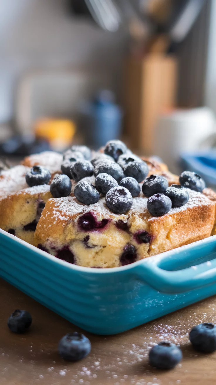 Delicious blueberry sourdough French toast casserole topped with fresh blueberries and powdered sugar.