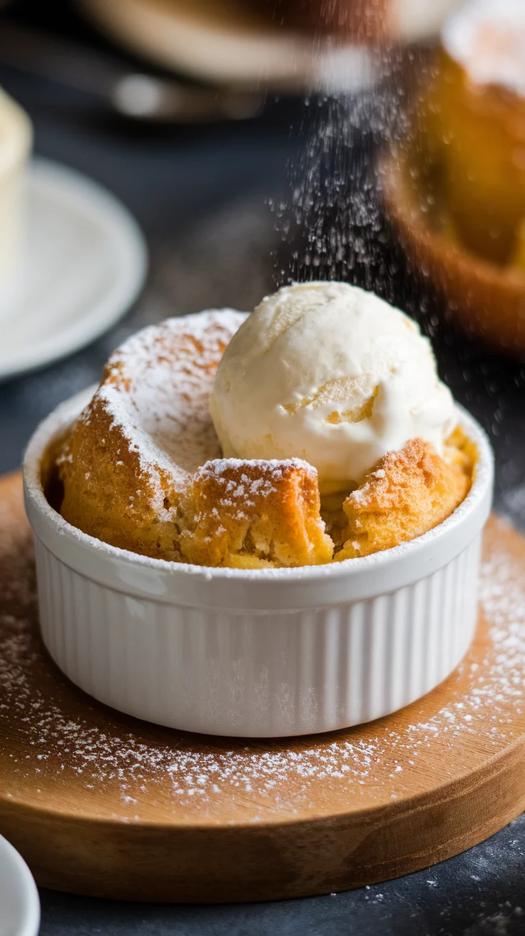 A warm bread and butter pudding topped with a scoop of vanilla ice cream and powdered sugar.