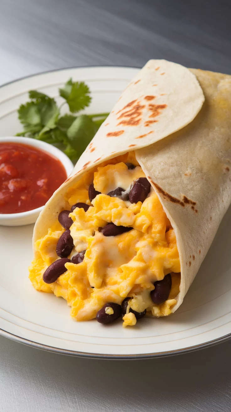 A delicious breakfast burrito filled with scrambled eggs and black beans, served with salsa.