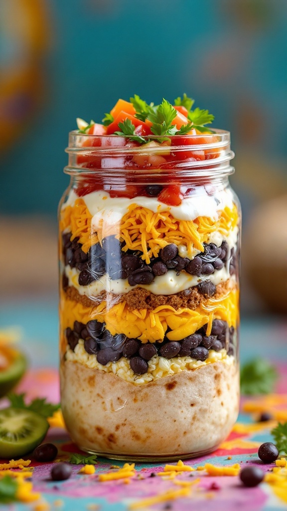 This breakfast burrito jar is a fun twist on your morning meal. Layered with cheese, beans, and a tasty salsa, it's both delicious and easy to grab on the go. Enjoy a hearty breakfast that’s as colorful as it is satisfying!