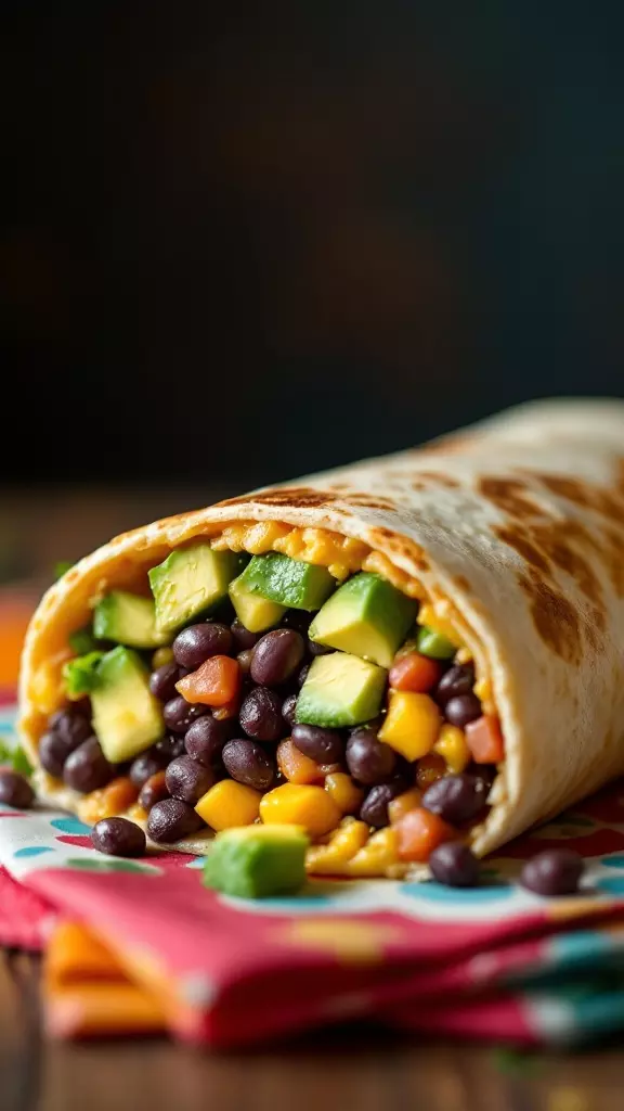 A close-up of a breakfast burrito filled with black beans, avocado, and other fresh ingredients.