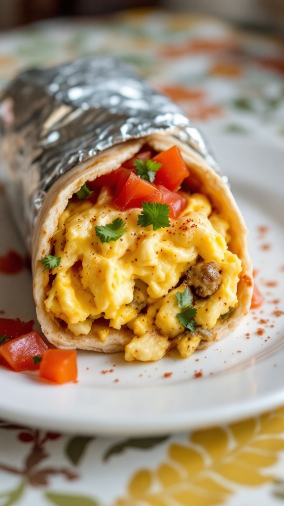 This breakfast burrito is a tasty way to start your day. Stuffed with fluffy scrambled eggs, savory sausage, and fresh salsa, it's both filling and fun. Wrap it up and enjoy a delicious bite anytime!