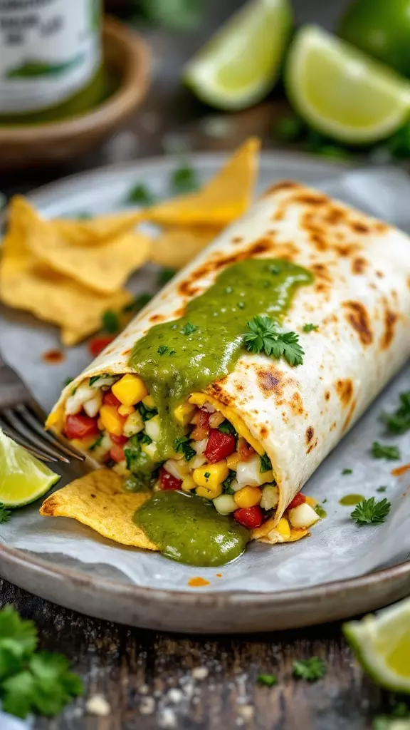 A close-up of a breakfast burrito filled with corn, peppers, and herbs, topped with green salsa, served on a plate with lime wedges and tortilla chips.