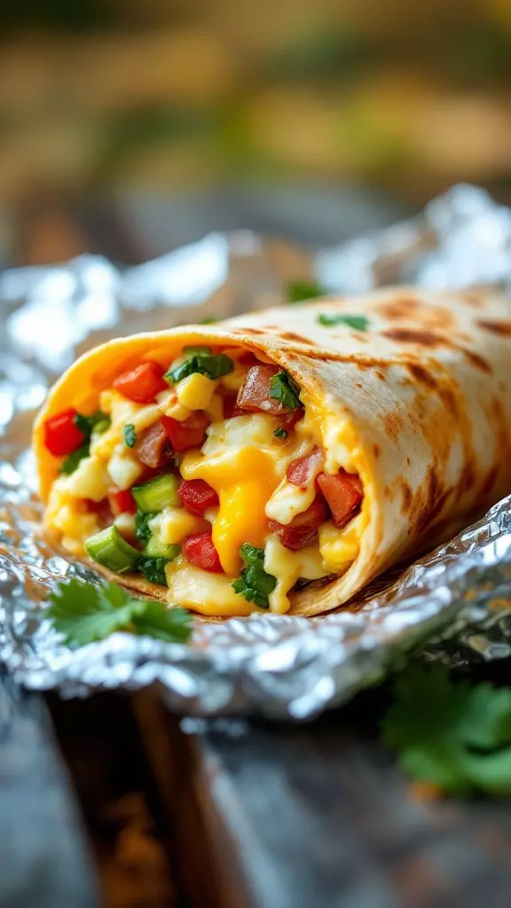 A close-up of a breakfast burrito wrap filled with eggs, cheese, and vegetables, wrapped in foil.