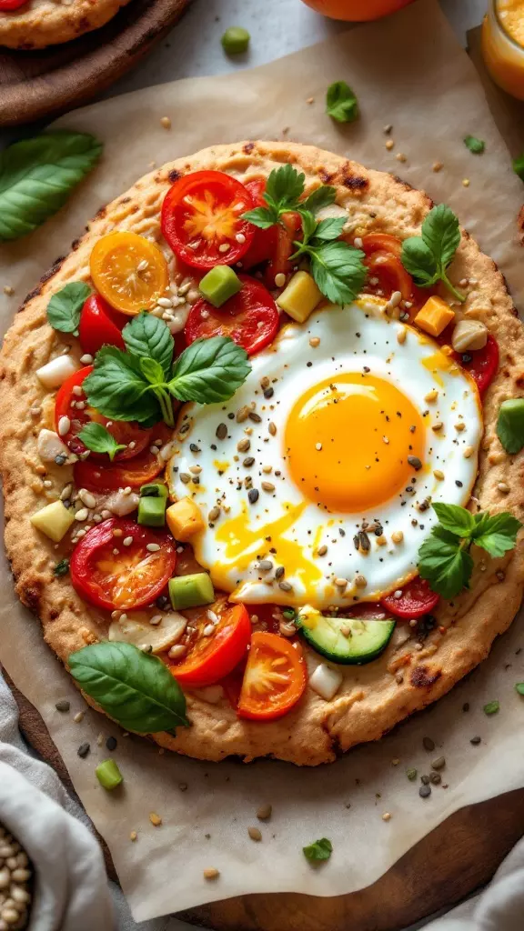 Start your day with a twist by trying breakfast pizza topped with hummus and colorful veggies. The creamy hummus adds a delightful base, while fresh tomatoes and greens bring a burst of flavor. It’s a fun and easy way to enjoy a healthy breakfast!