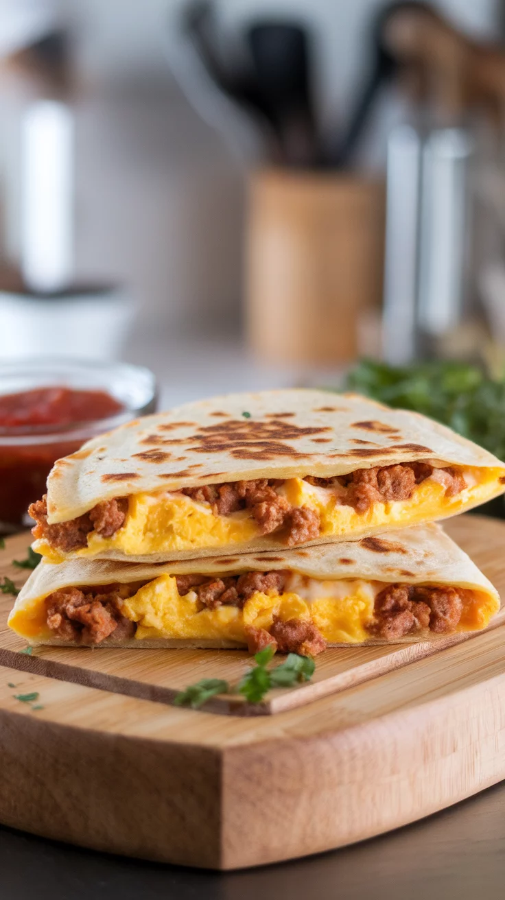 A delicious breakfast quesadilla with eggs and meat, served on a wooden board with salsa.