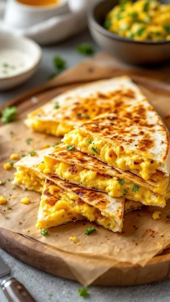 Breakfast quesadilla filled with eggs and cheese, sliced for serving.