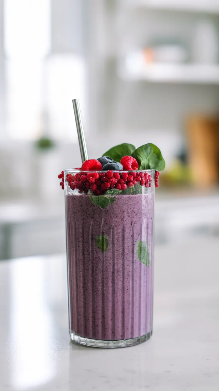 A colorful breakfast smoothie topped with raspberries and blueberries in a glass.