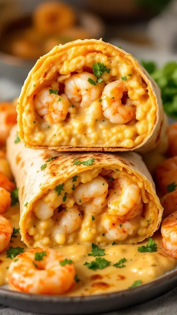 A delicious Cajun shrimp and grits burrito, filled with shrimp and creamy grits, garnished with parsley, served with shrimp on the side.