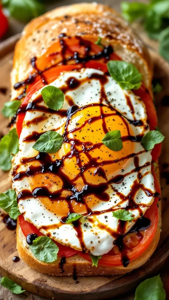 This Caprese breakfast sandwich is a tasty way to kick off your day. With fresh tomatoes, creamy eggs, and a drizzle of balsamic glaze, it’s simple yet satisfying. Pair it with your morning coffee for a delightful start!