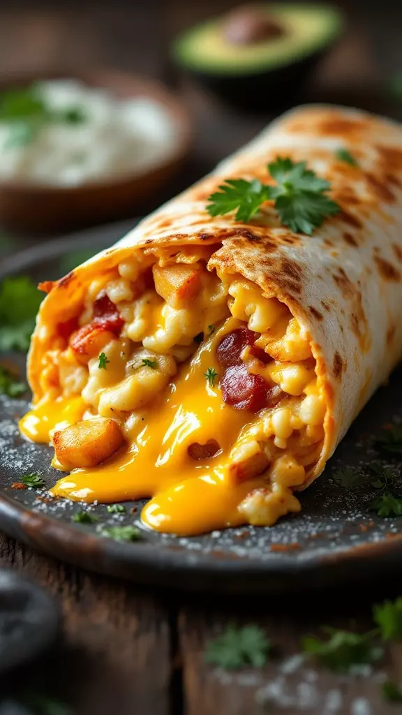 A delicious cheesy potato and egg burrito filled with cheese, potatoes, and eggs, garnished with cilantro.