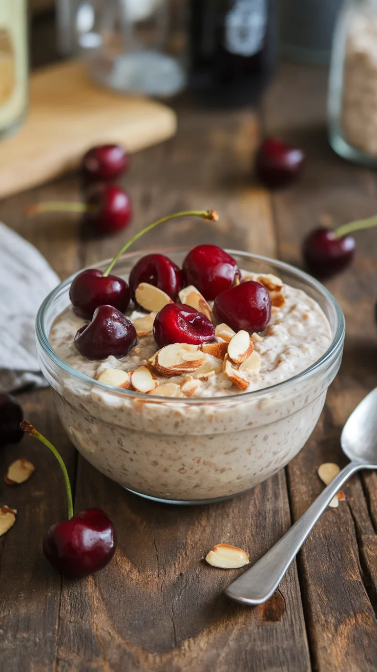 Cherry almond overnight oats are a fantastic way to kick off your morning. Just mix oats with almond milk, yogurt, and fresh cherries, then let it sit overnight. In the morning, top it with sliced almonds for a crunchy finish!