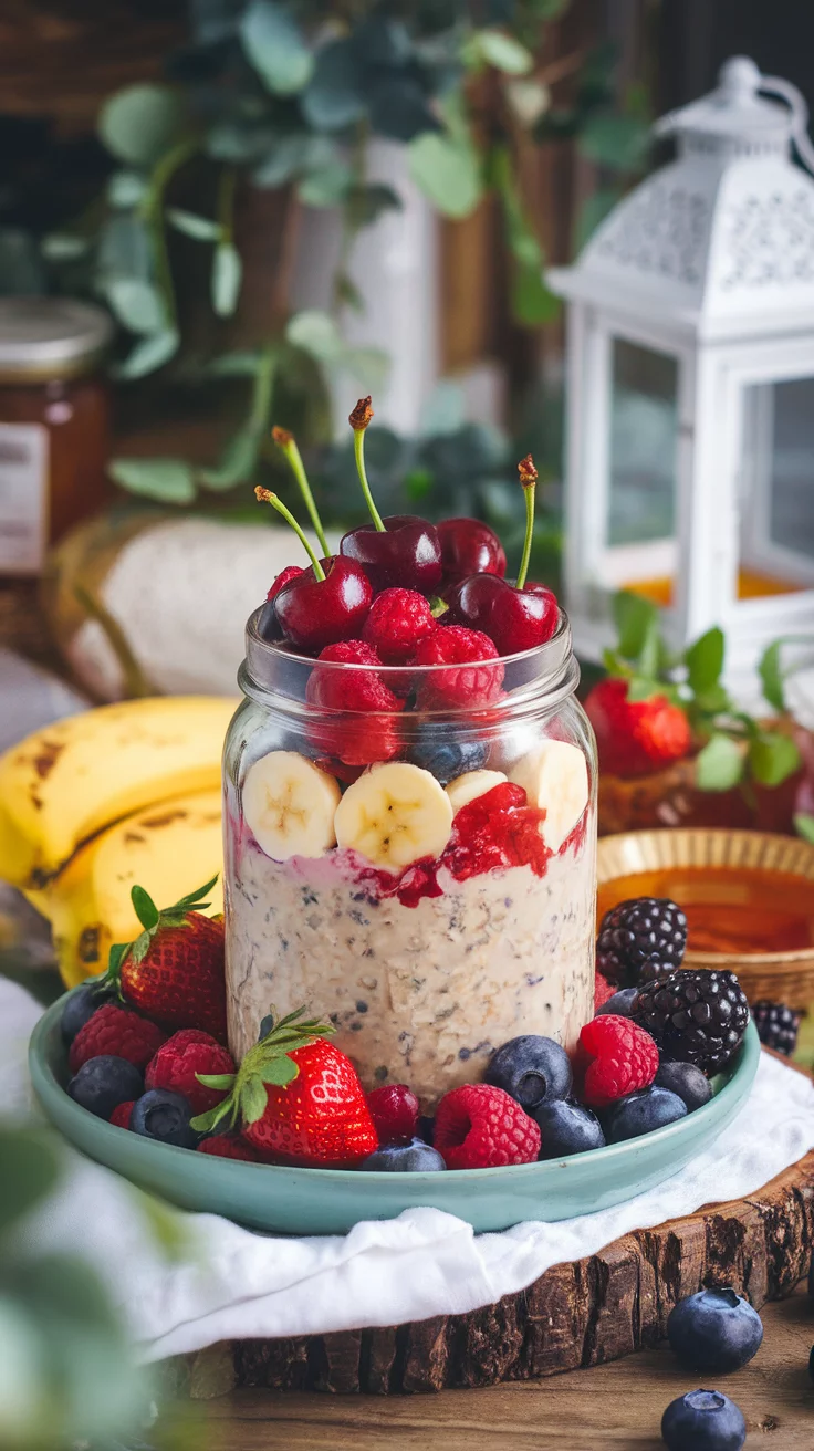 A jar of Cherry Berry and Banana Overnight Oats topped with fresh cherries, raspberries, and sliced bananas.