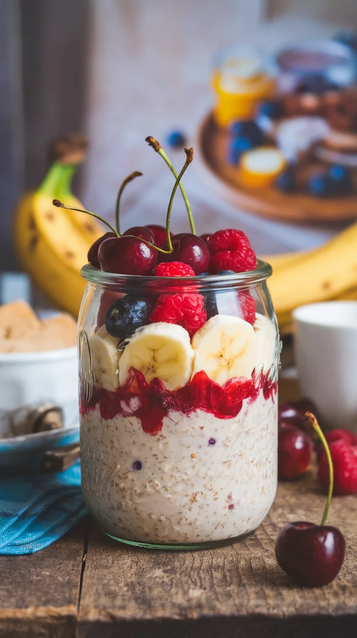 Cherry berry and banana overnight oats are a delicious way to start your day! With sweet cherries, tangy berries, and creamy banana, this mix is a breakfast treat that you won't want to miss. Check out the full recipe for this fruity morning delight here!